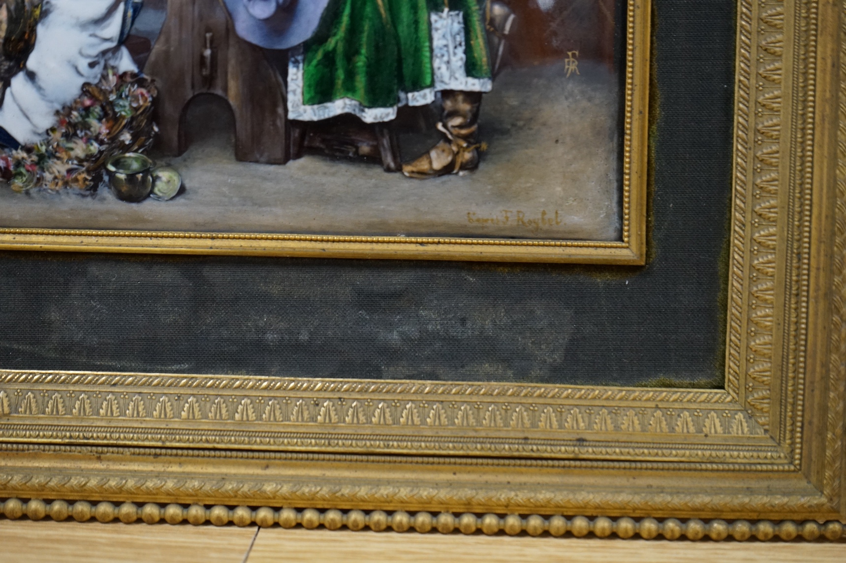 After Ferdinand Roybet (1840-1920), a framed Limoges enamel plaque, 11.5x15.5cm. Condition - fair